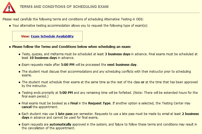 AIM screenshot of the Terms and Conditions of Scheduling Exam.
