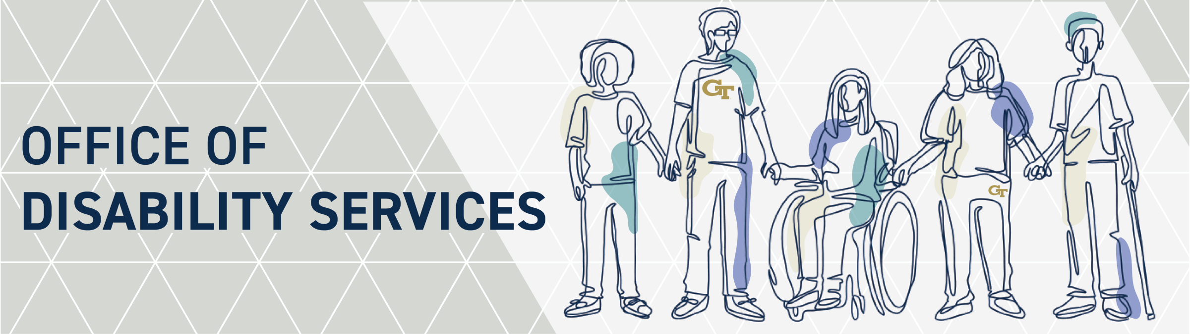 Office of Disability Services. Line art illustration of 5 students holding hands. One is on a wheelchair, one wearing glasses, and one with a cane.