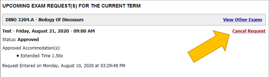 AIM screenshot of the Upcoming Exam Request(s) for the Current Term window with an arrow pointing at Cancel Request.