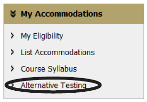 AIM screenshot of the My Accommodations menu. Alternative Testing is circled.
