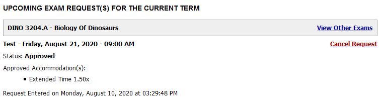 AIM screenshot of the Upcoming Exam Request(s) for the Current Term window.